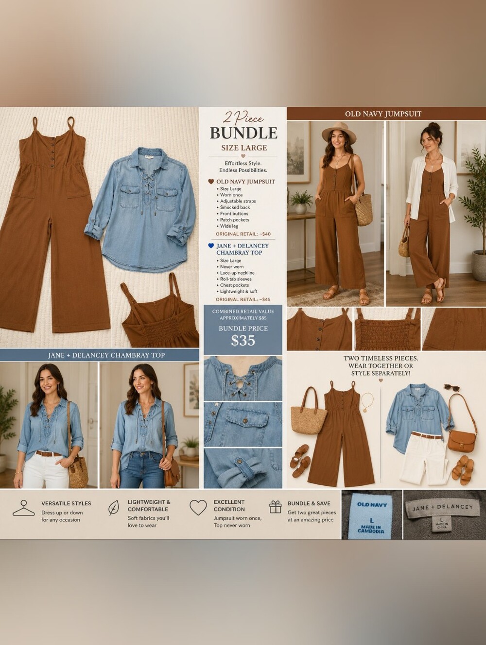 Old Navy Brown Jumpsuit + Jane & Delancey Chambray Lace-Up Top Bundle | Size L